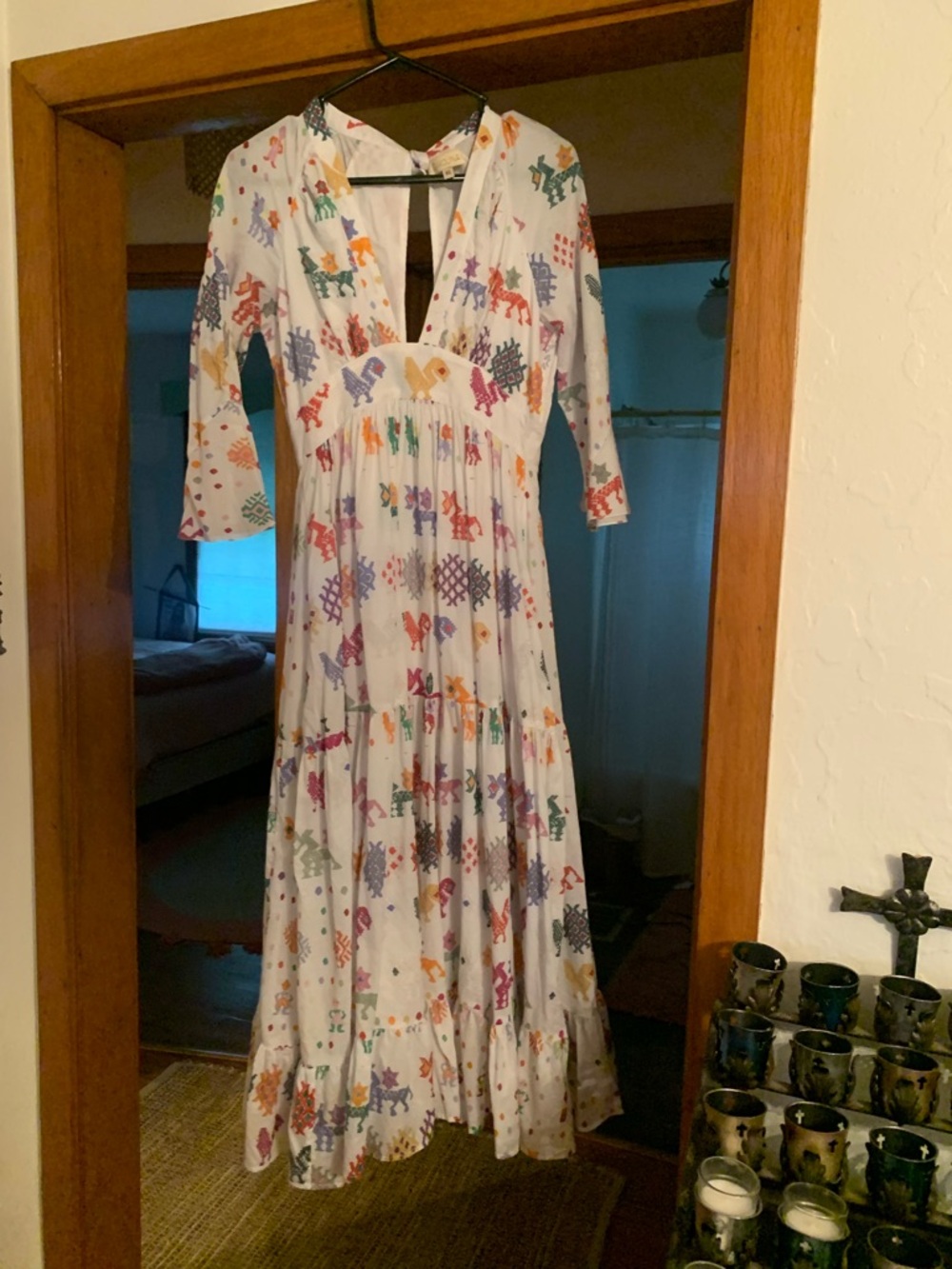 White Maxi Dress with Colorful Animal Motifs